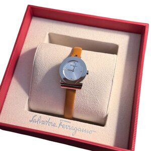 Salvatore Ferragamo Leather Strap Watch Tan/Silver – Boxed – Retail $400+